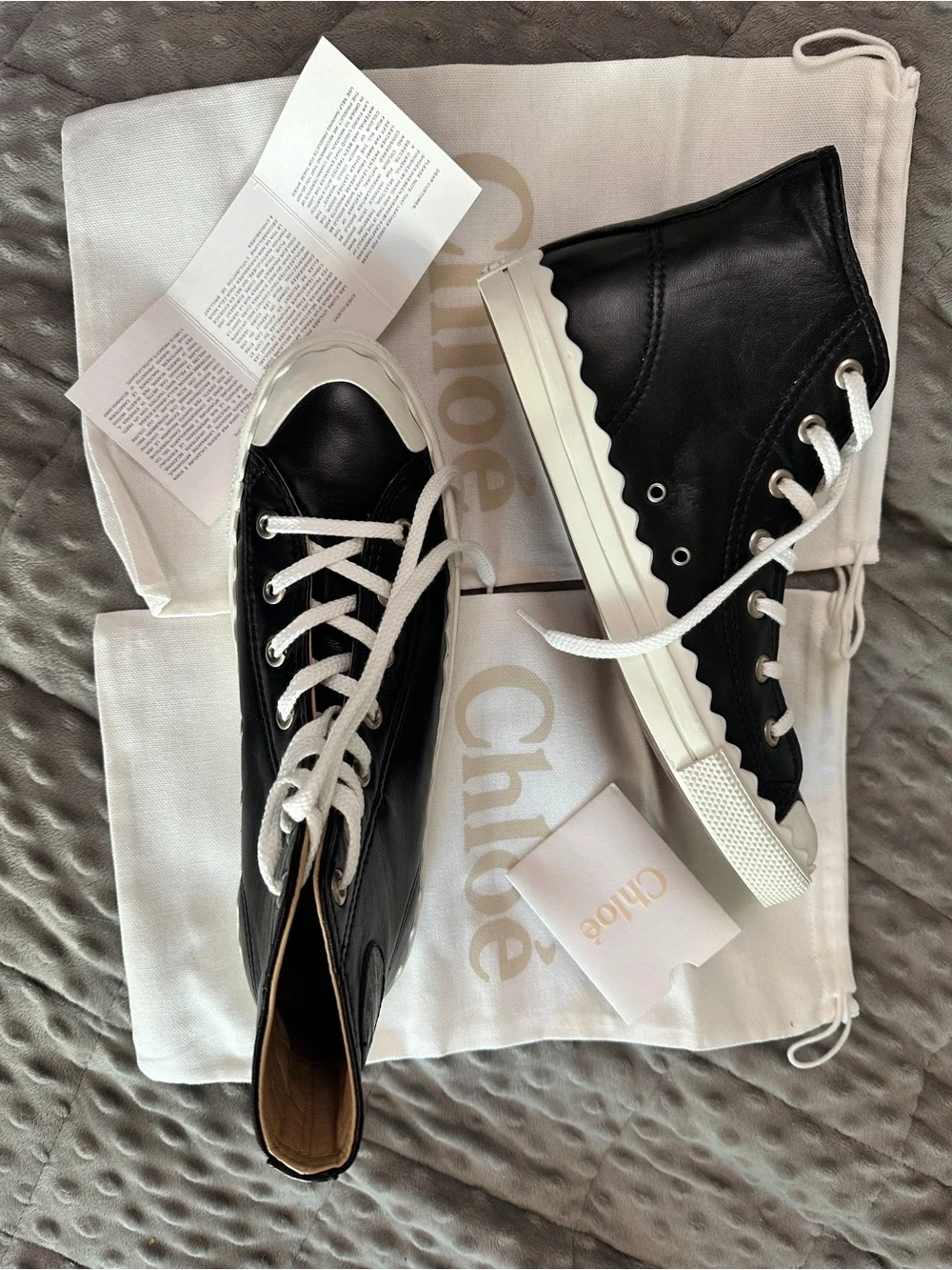 RARE NIB Chloé Black Lambskin Leather High-Top Sneakers with scalloped sole
